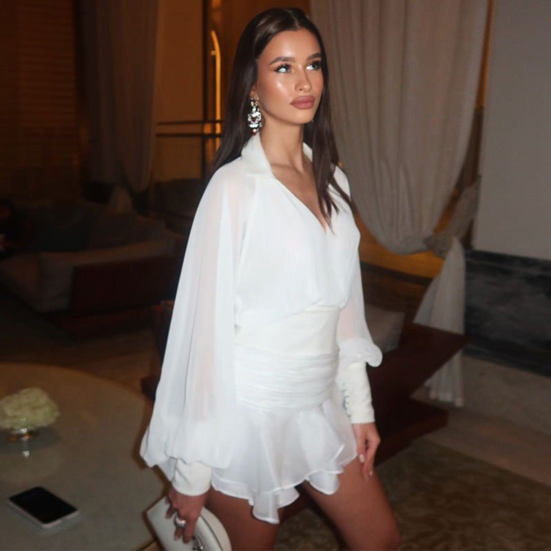 Chiffon Collared Puff Sleeve Ruched Ruffle Mini Dress 3