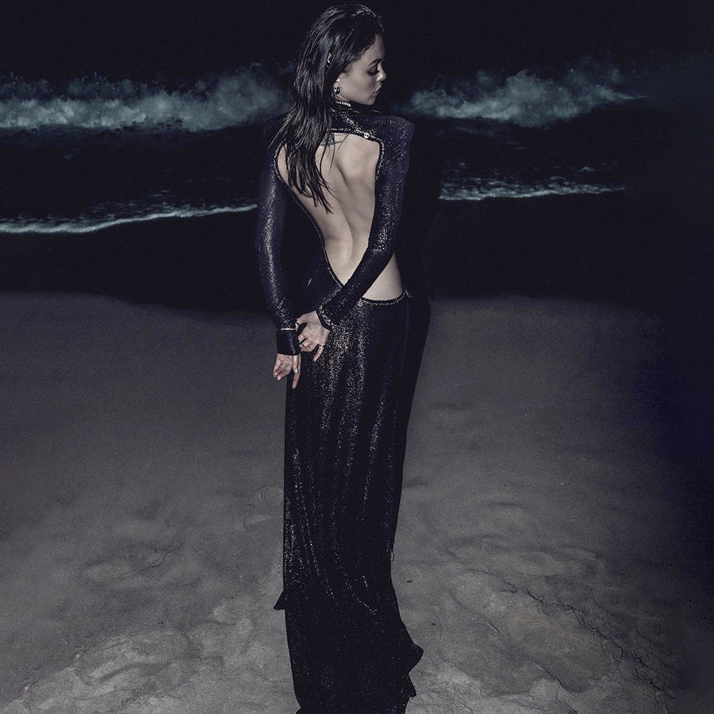 Sequin Long Sleeve Open Back High Split Evening Gown with Train 3