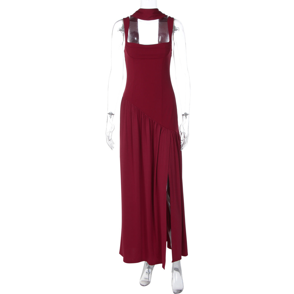 Square Neck Sleeveless Scarf Neck Asymmetric Waist High Split Maxi Dress 3