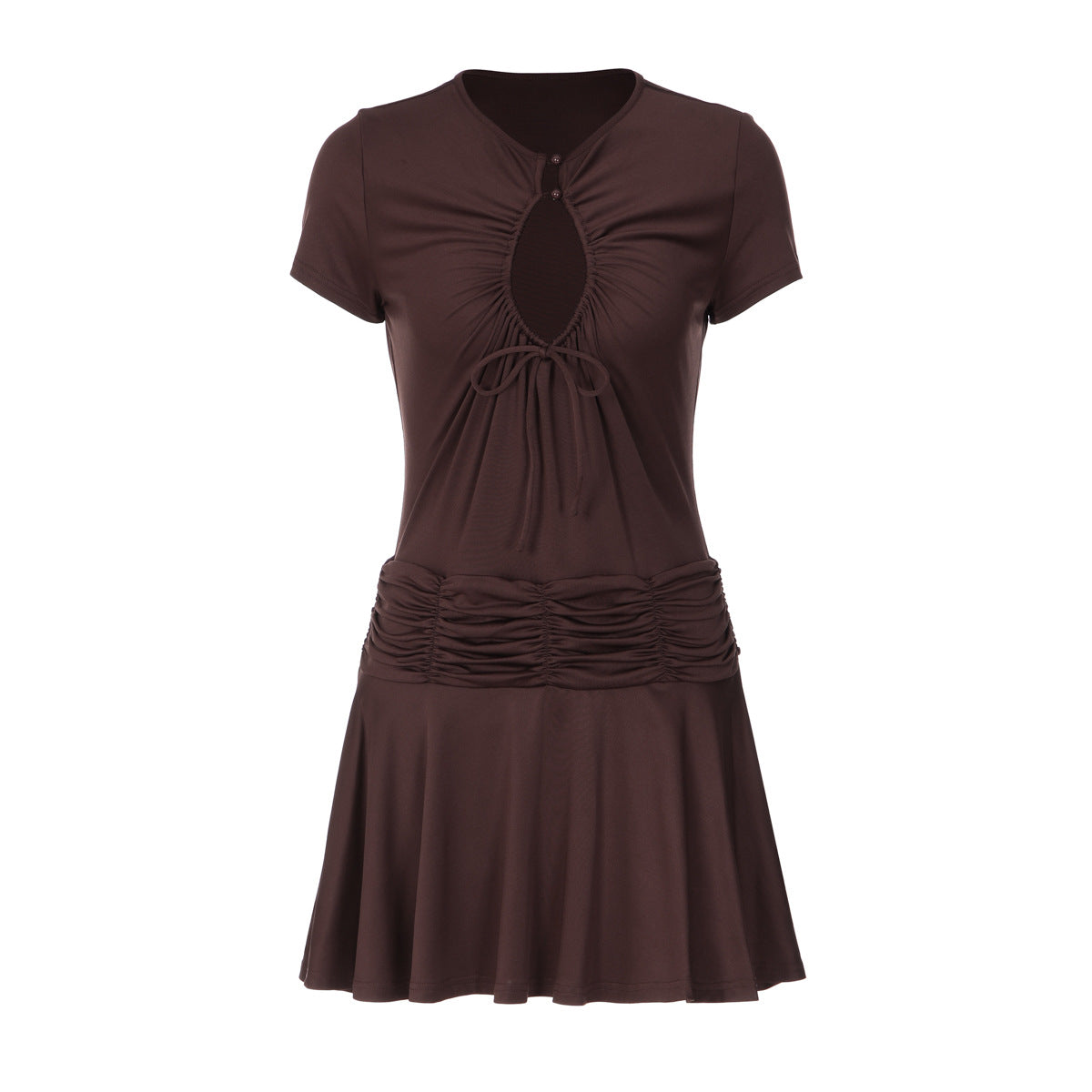 Summer Women Solid Color Short Sleeve Sexy Chest Hollow Out Cutout out Tied Pleated Slim Dress for Women