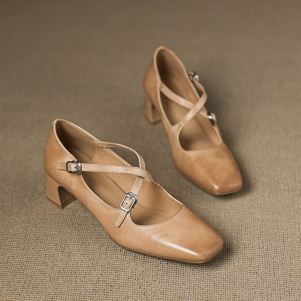 Square Toe Double Buckle Strap Block Heel Mary Jane Pumps