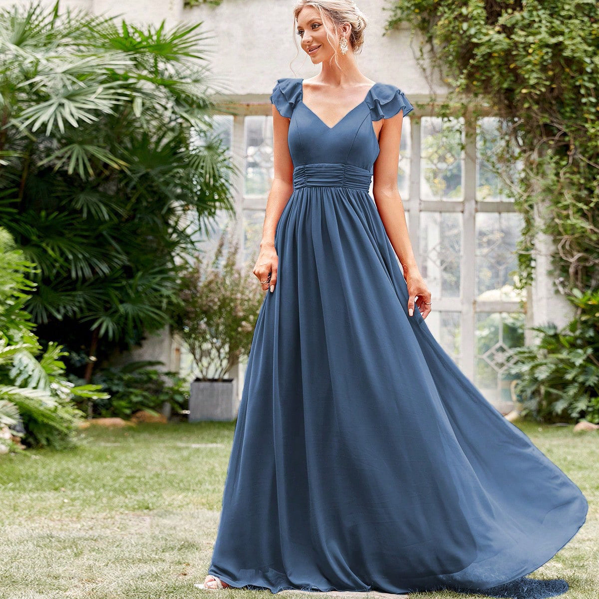 Chiffon V-Neck Ruffle Cap Sleeve Empire Waist A-Line Maxi Bridesmaid Dress