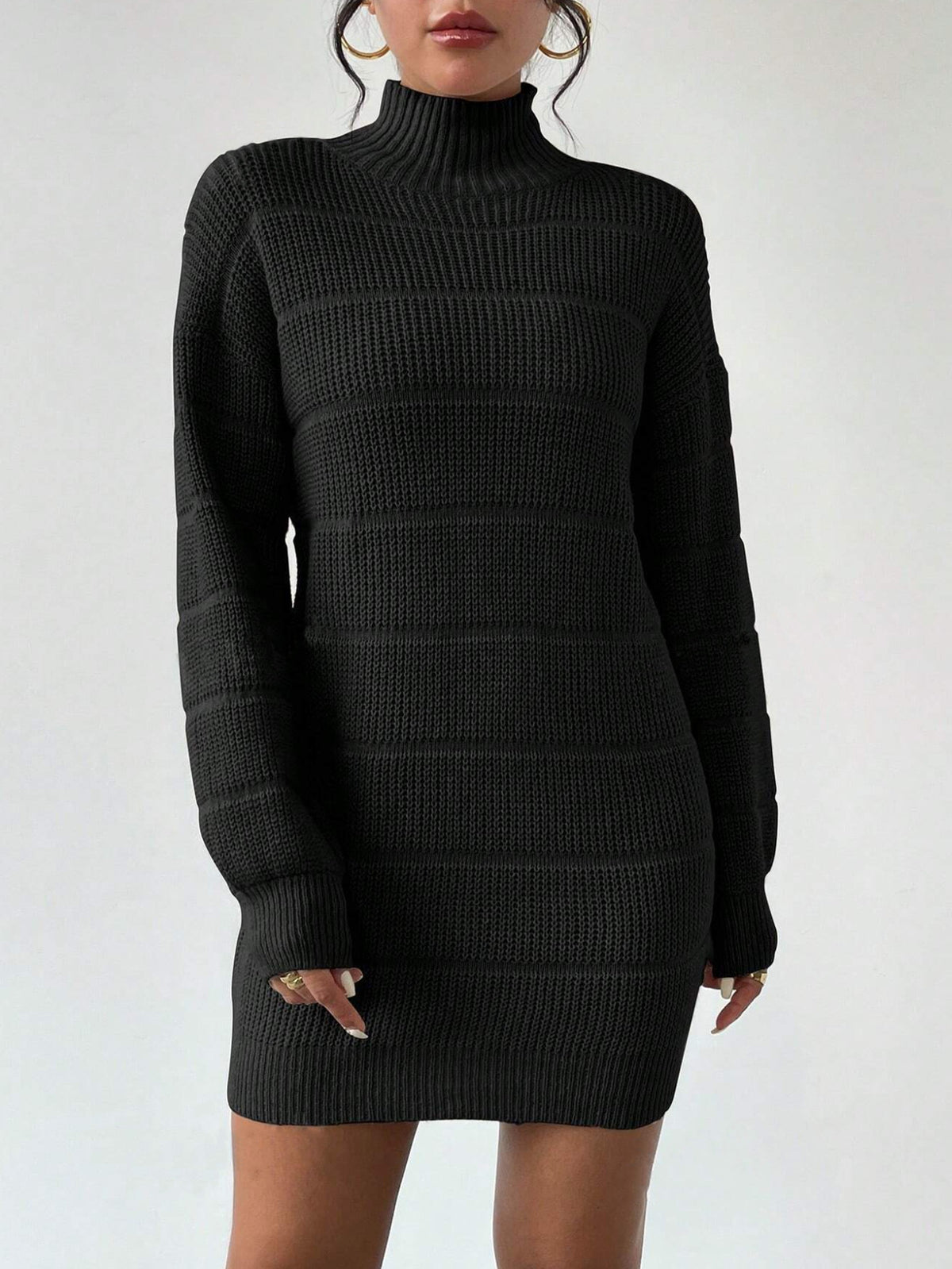 Mock Neck Long Sleeve Textured Knit Sweater Mini Dress 3