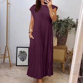 High Neck Cap Sleeve Pleated Loose Maxi Dress 4