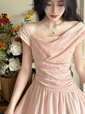 Off Shoulder Ruched Satin A-Line Midi Dress