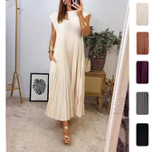 High Neck Cap Sleeve Pleated Loose Maxi Dress