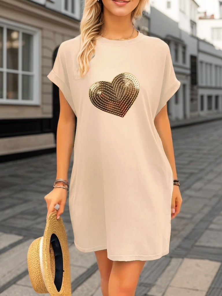 Sequin Heart Crew Neck Rolled Short Sleeve T-Shirt Mini Dress 4