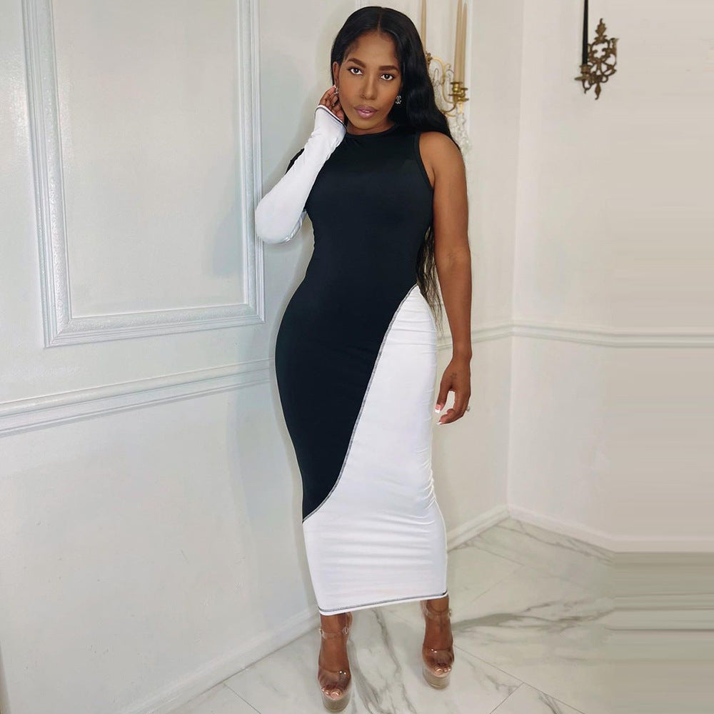 Two Tone Asymmetric Single Long Sleeve Crew Neck Bodycon Maxi Dress
