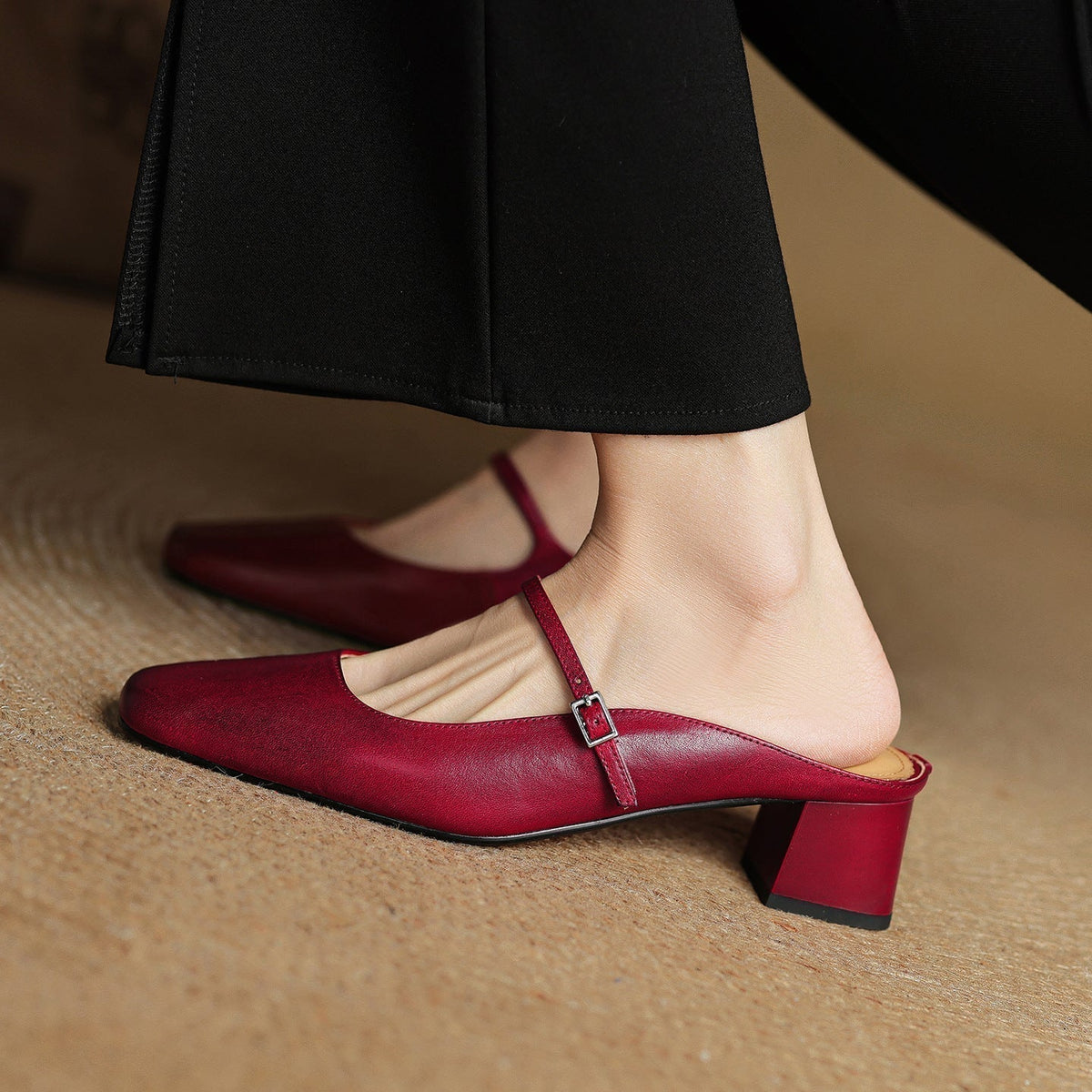 Square Toe Mary Jane Buckle Strap Block Heel Mules