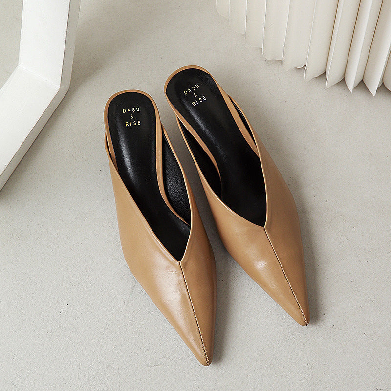 Pointed Toe V Cut Low Heel Mules