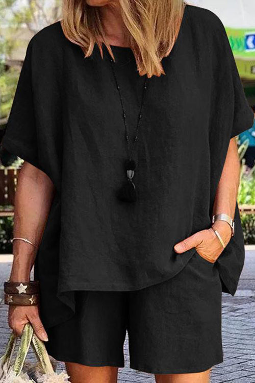 Solid Short Sleeve Blouse Shorts Set