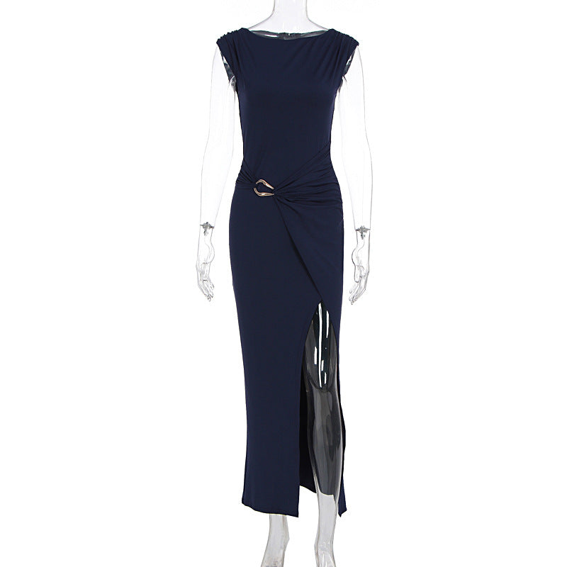 Boat Neck Cap Sleeve Buckle Twist Wrap Asymmetric Midi Dress 4