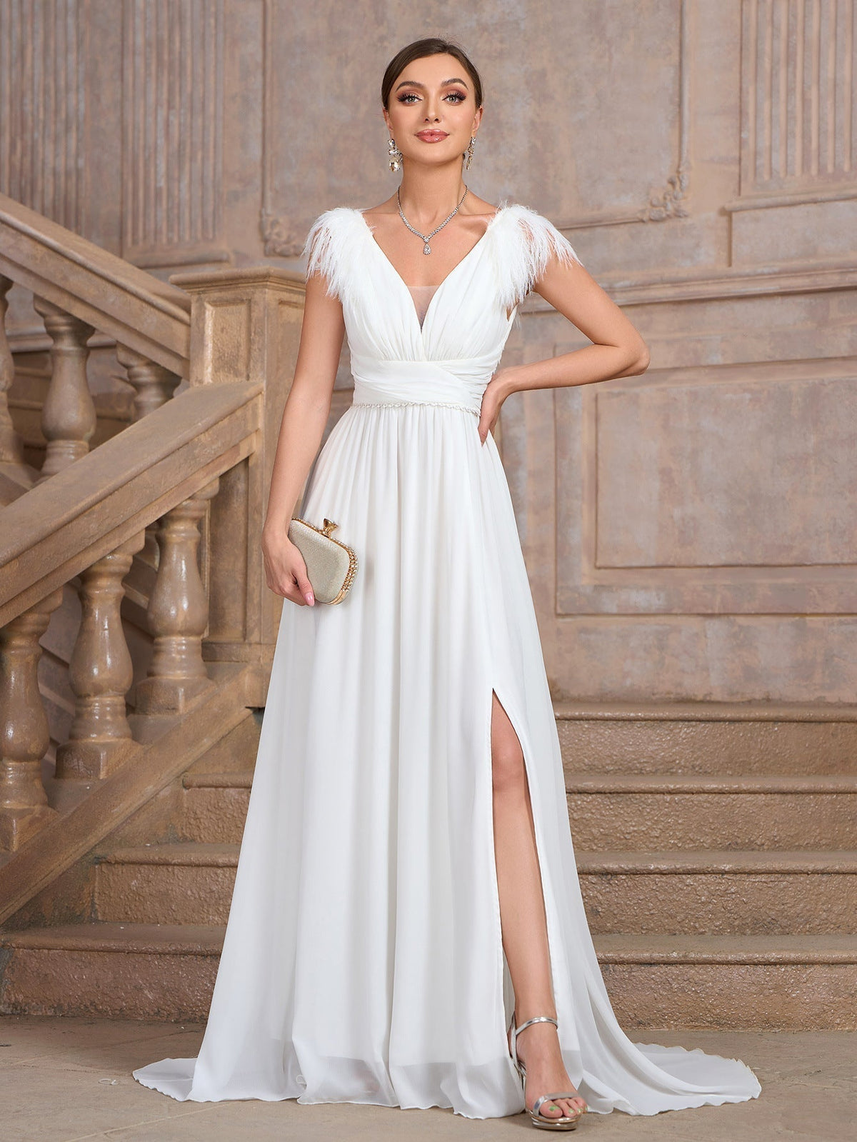 V-Neck Feather Trim Cap Sleeve Chiffon High Split Maxi Gown 5