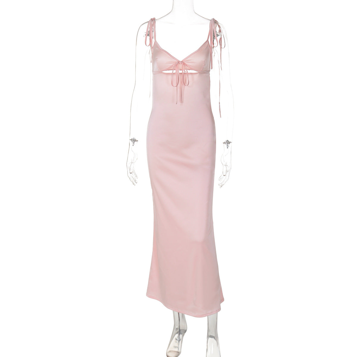 Satin V-Neck Tie Front Cut Out Tie Shoulder Slip Midi Dress 6