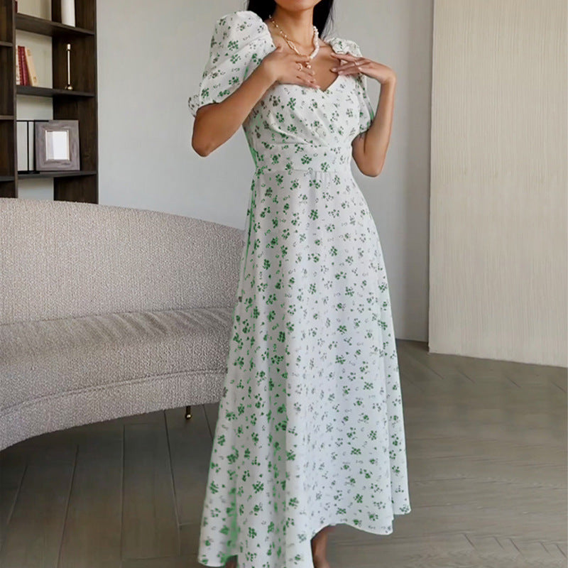 Ditsy Floral Off Shoulder Puff Sleeve Wrap Front High Split Maxi Dress 3