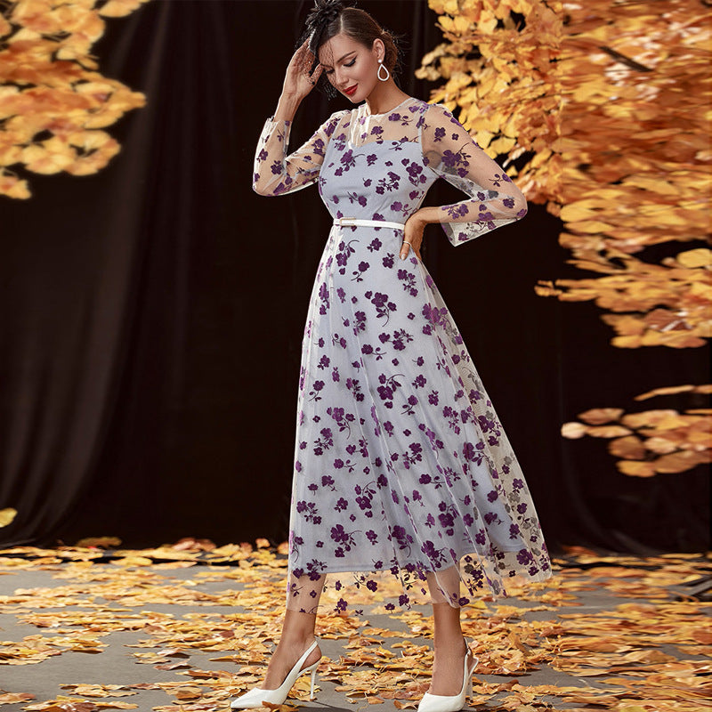 Floral Embroidered Mesh Round Neck Long Sleeve Belted A-Line Maxi Dress 3