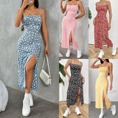 Square Neck Spaghetti Strap Floral High Split Bodycon Midi Dress