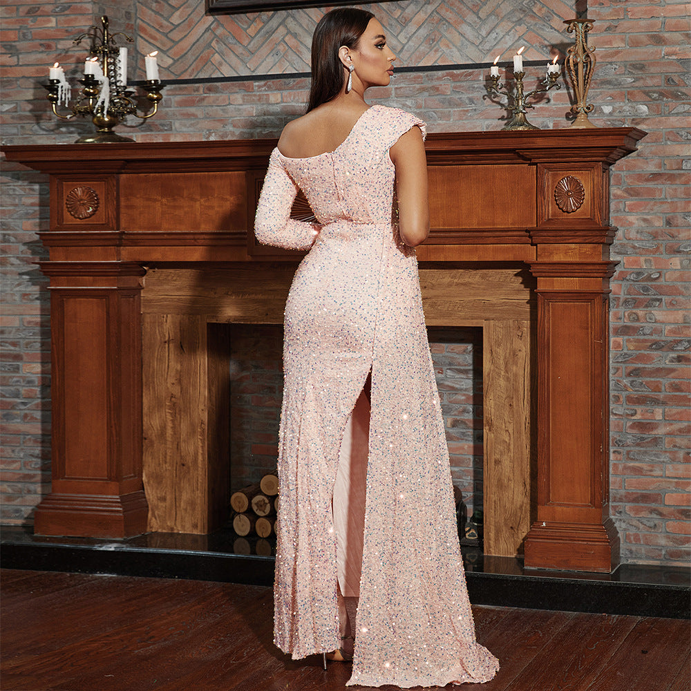 Sequin One Shoulder Long Sleeve High Split Maxi Evening Dress