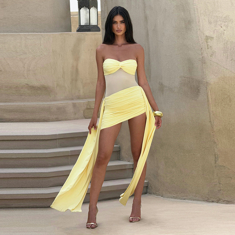 Strapless Twist Bust Mesh Panel Ruched Mini Dress with Draped Side Trains 3