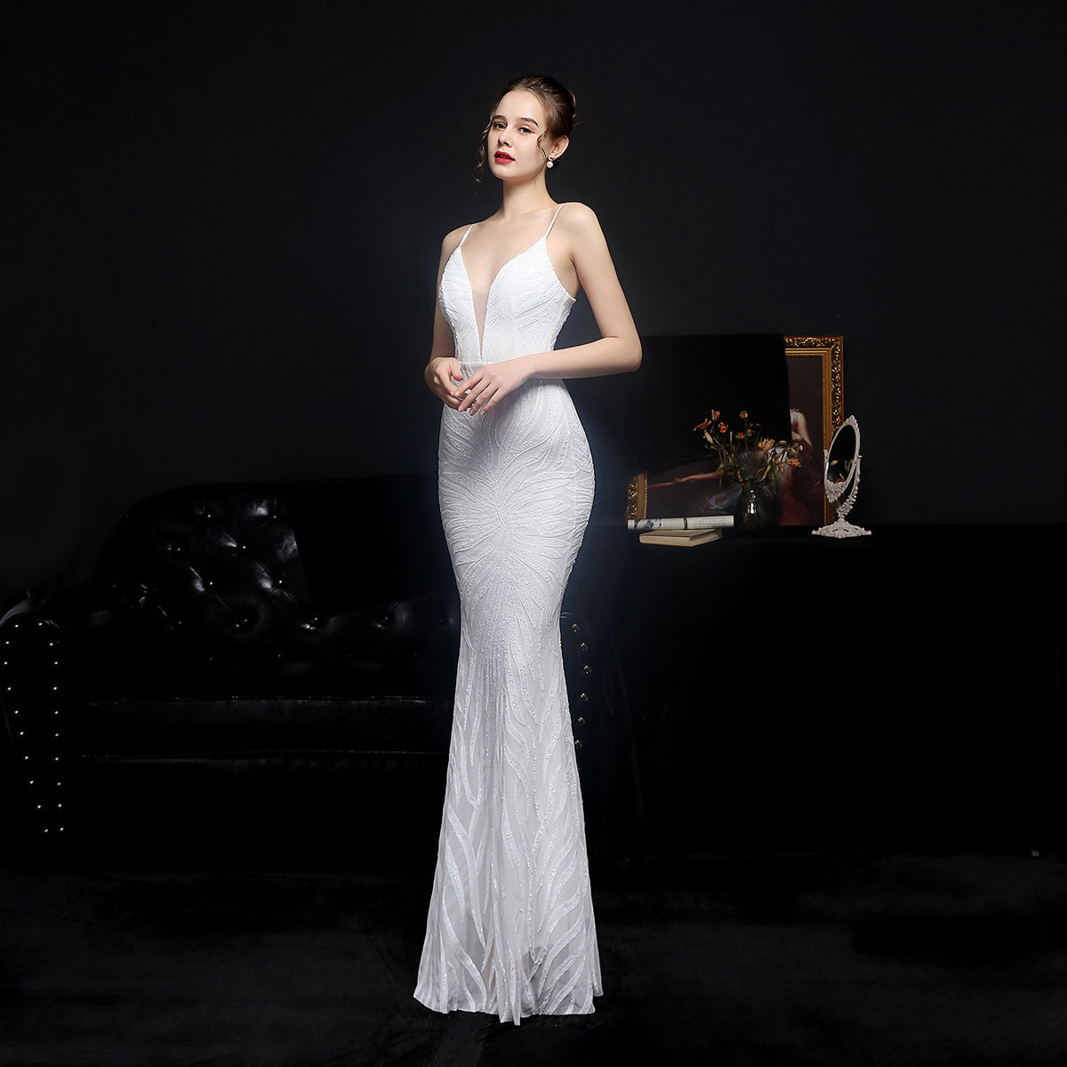 Leaf Pattern Sequin Plunge Spaghetti Strap Mermaid Evening Gown 2