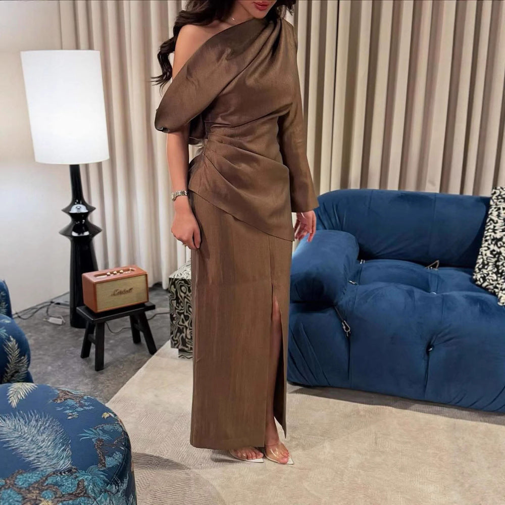 Spring Summer Elegant Retro One Shoulder Pleated Slim Slit Dress