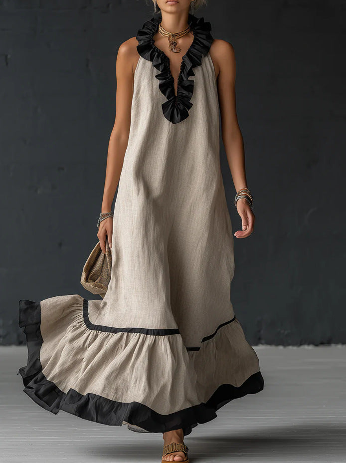 Sleeveless Ruffle Trim Tiered Linen Maxi Dress 8