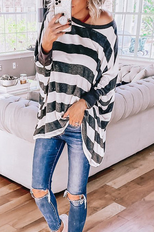 Stripe O Neck Bat Blouse