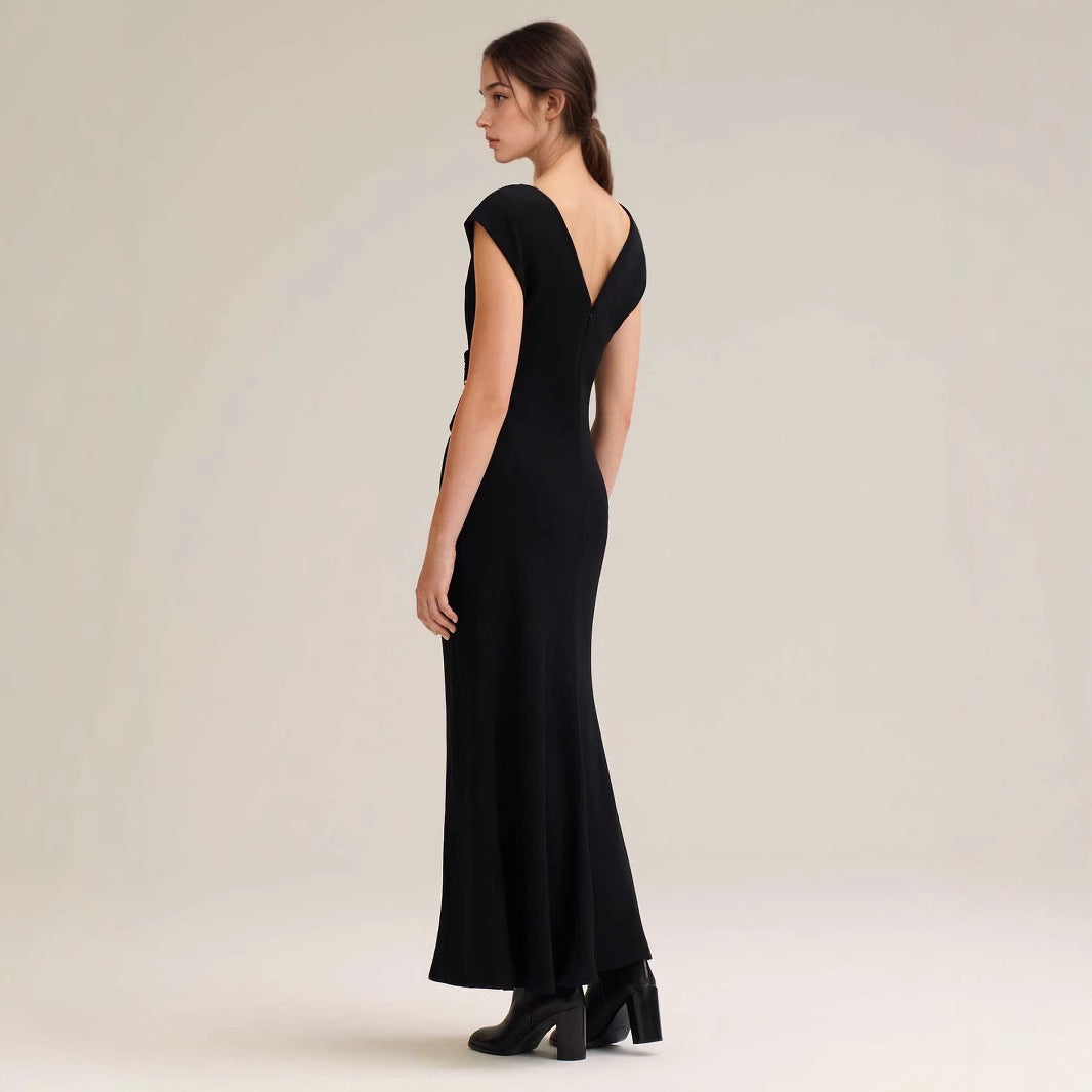 Solid Color Simple Elegant Pleated Button Embellishment Dress Lady Maxi Dress