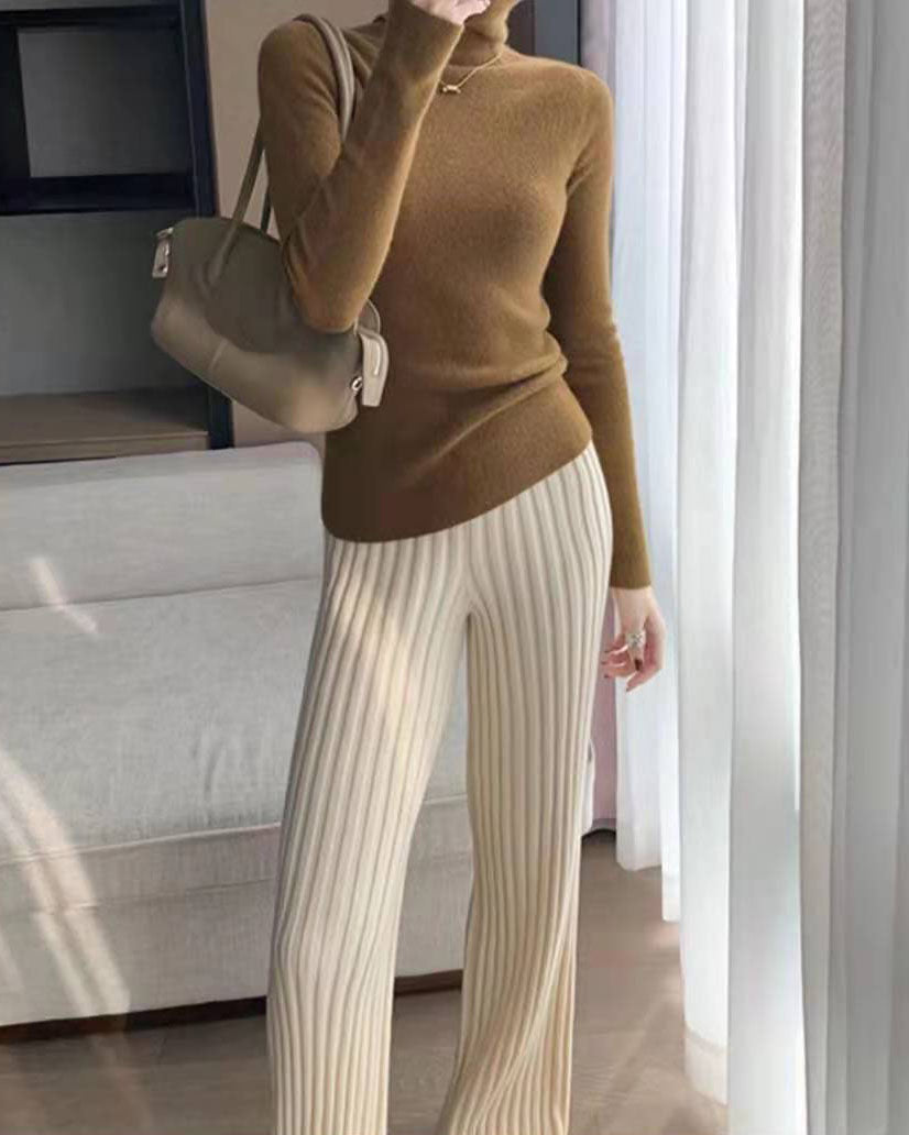 High-waisted draped pitted straight-leg loose knit trousers