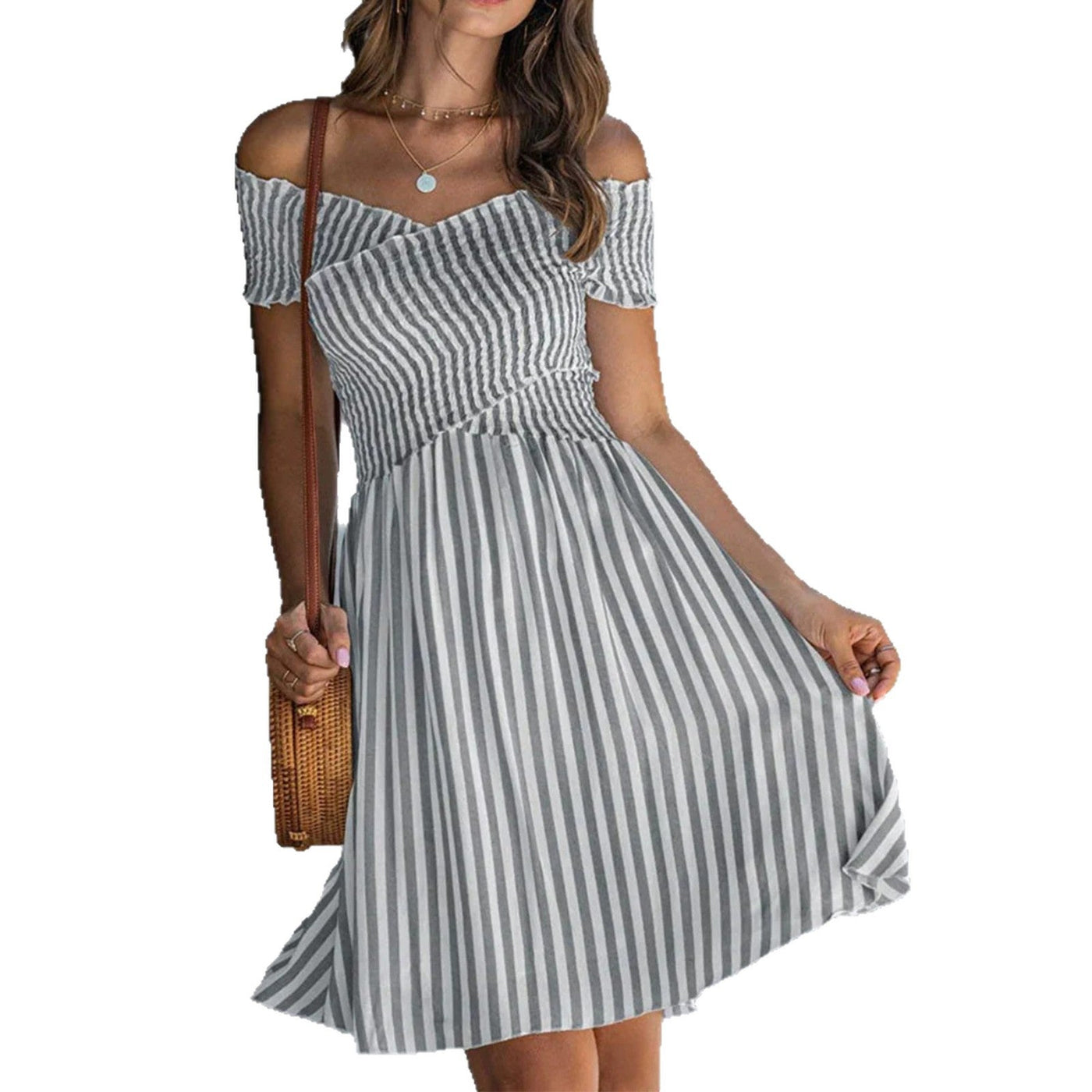 Striped Off Shoulder Short Sleeve Smocked Mini Dress 5