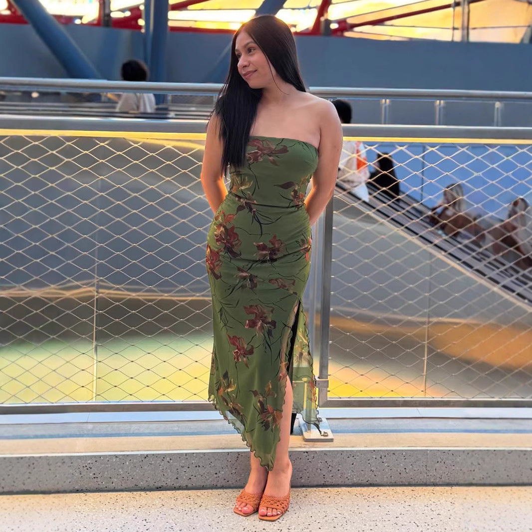 Floral Print Mesh Strapless Side Split Lettuce Hem Midi Dress