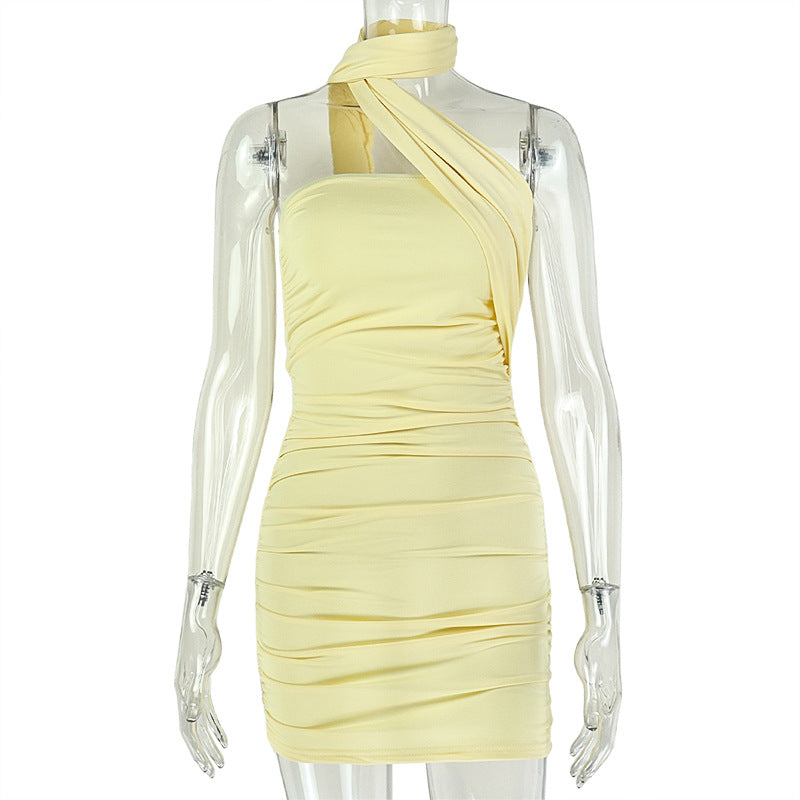 Asymmetric Halter Neck Scarf Wrap Ruched Bodycon Mini Dress 6