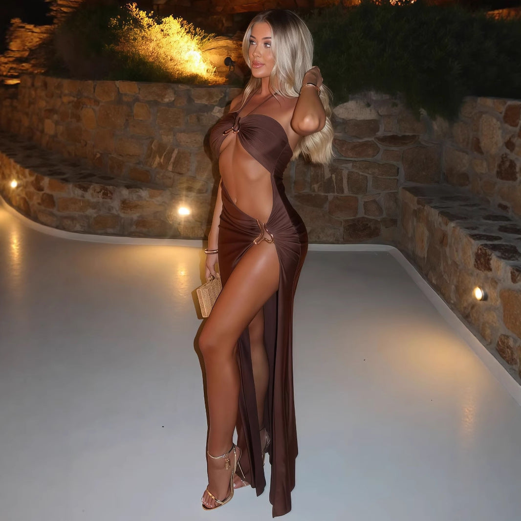 Halter Neck Ring Detail Cut Out High Split Maxi Dress
