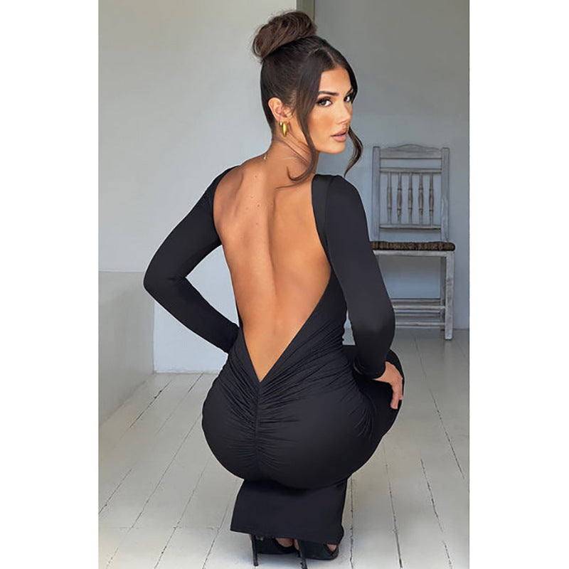 Slim Fit Long Sleeve Backless Sexy Hip Bag Dress