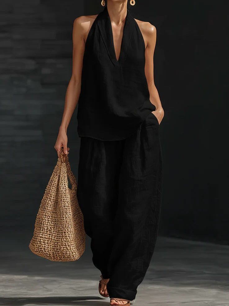 Halter Deep V-Neck Sleeveless Top and Wide Leg Pants Two Piece Set