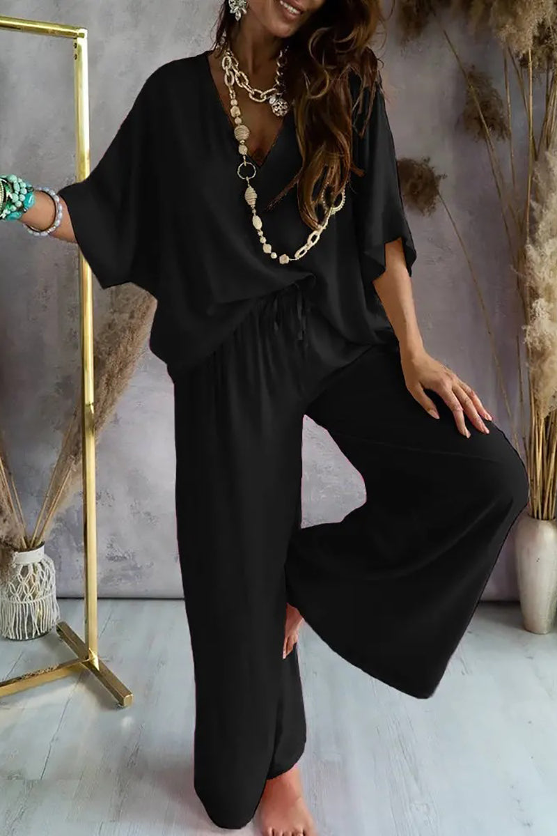 V Neck Bat Blouse Pants Set