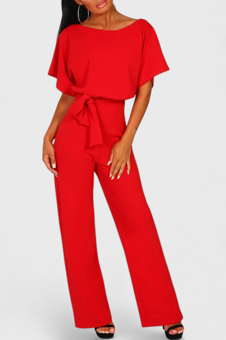 Boat Neck Batwing Sleeve Belted Wide Leg Jumpsuit