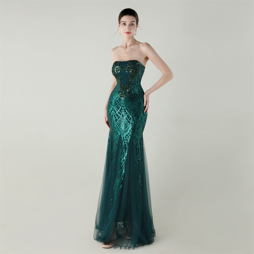 Tube Top Cross Strap Beaded Tube Floral Sequin Mesh Evening Dress Cocktail Wedding Social Elegant Clothing - FashionAxe