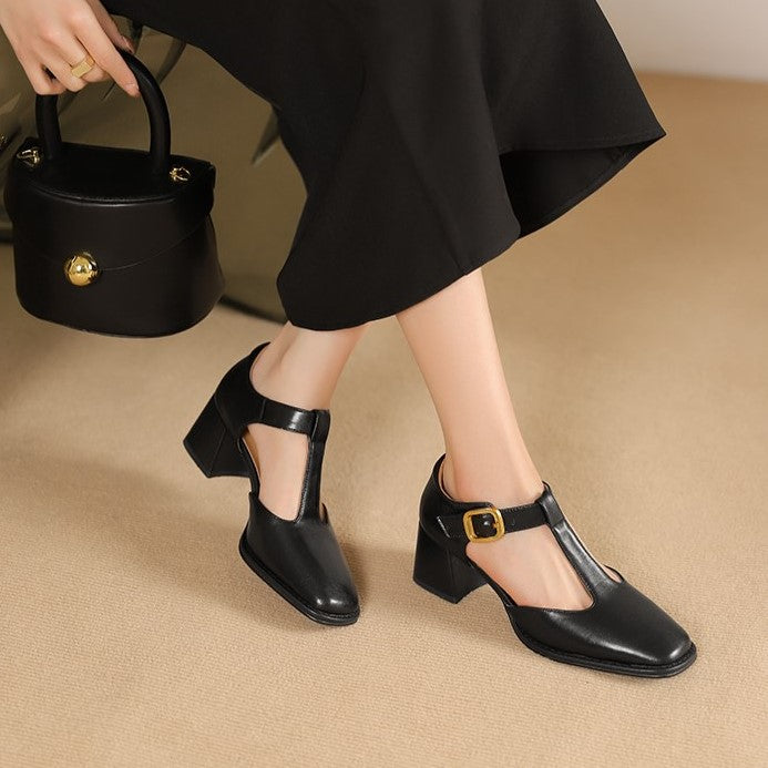 T-Strap Square Toe Block Heel Mary Jane Pumps