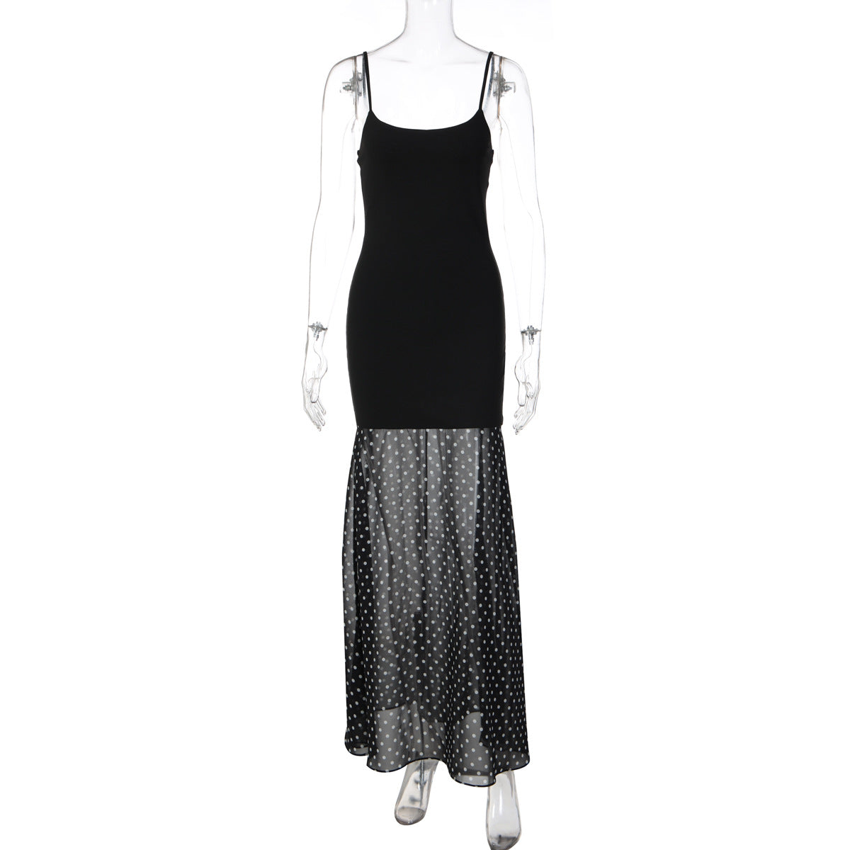 Polka Dot Sheer Mesh Skirt Spaghetti Strap Bodycon Maxi Dress 2
