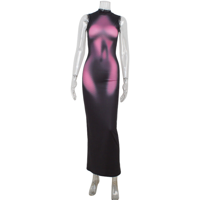 3D Body Print Mock Neck Sleeveless Bodycon Maxi Dress 4