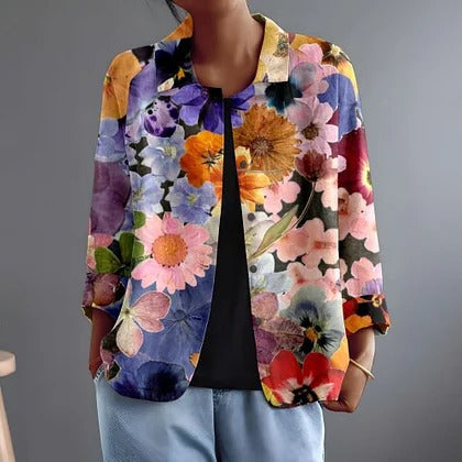 Floral Print Collared Long Sleeve Open Front Jacket