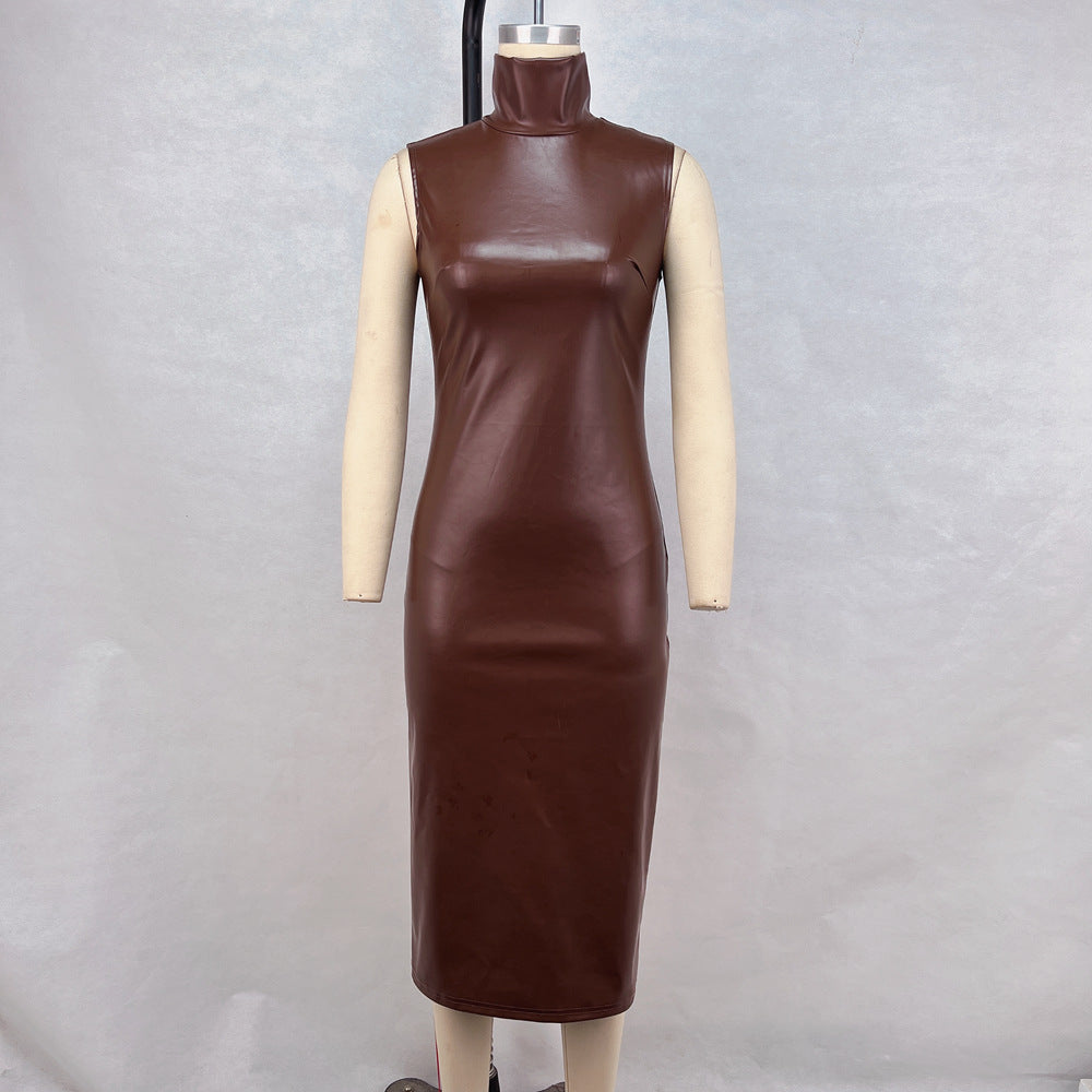 Faux Leather Mock Neck Sleeveless Ruched Bodycon Midi Dress 2