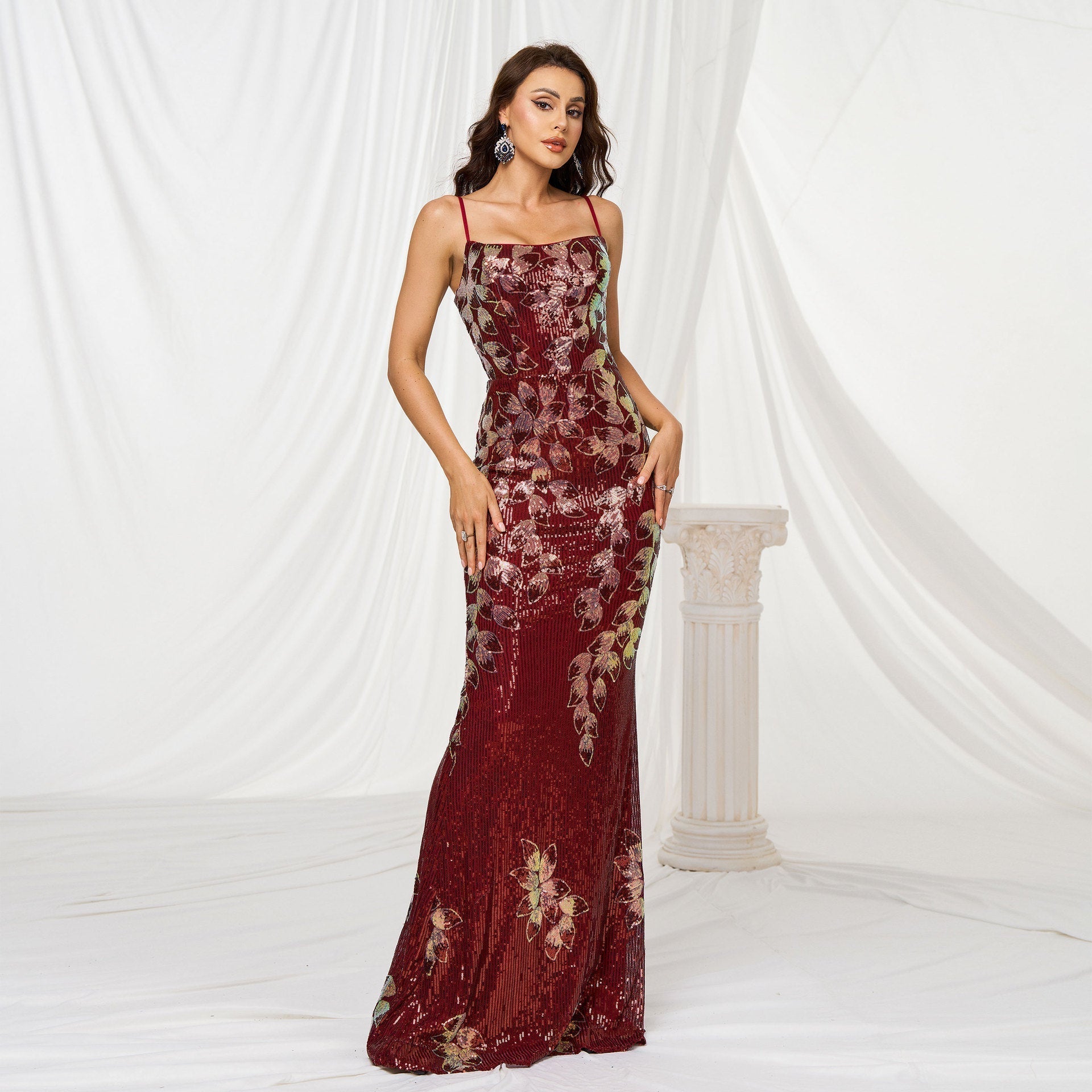 Sequin Floral Spaghetti Strap Square Neck Mermaid Evening Gown
