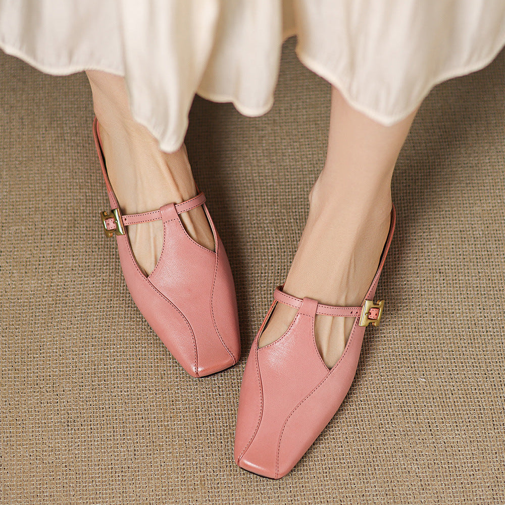 Square Toe Buckle Strap Low Block Heel Mules