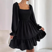 Square Neck Long Sleeve Smocked Tiered Mini Dress