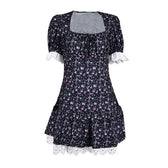 Floral Square Neck Puff Sleeve Lace Trim Mini Dress 5