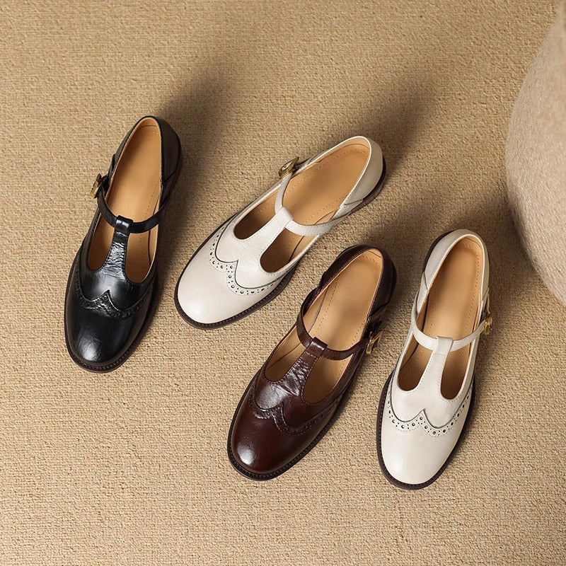 Round Toe T-Strap Buckle Block Heel Mary Jane Pumps