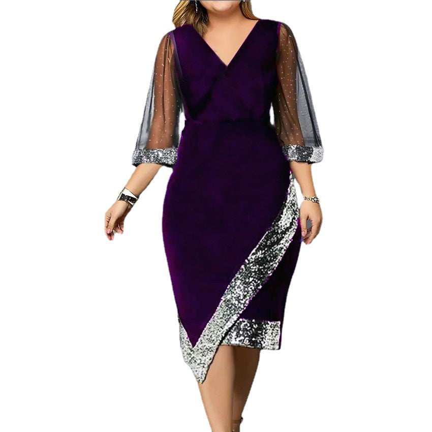 Velvet Sequin V-Neck Mesh Sleeve Bodycon Midi Dress 5