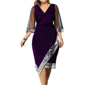 Velvet Sequin V-Neck Mesh Sleeve Bodycon Midi Dress 5